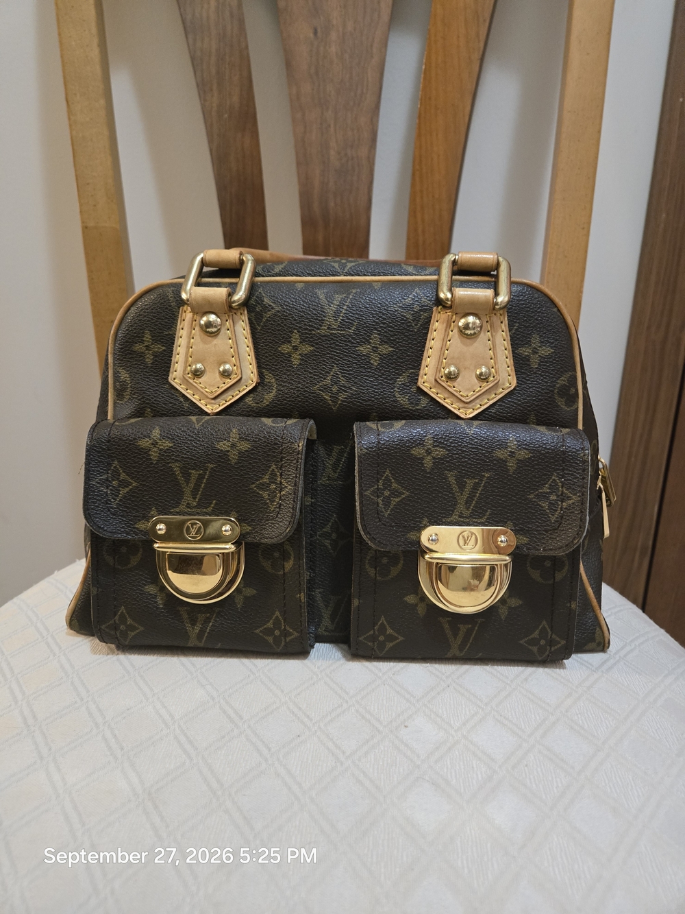 Louis Vuitton Monogram Canvas Satchel with Dual Front Pockets and Gold Hardware